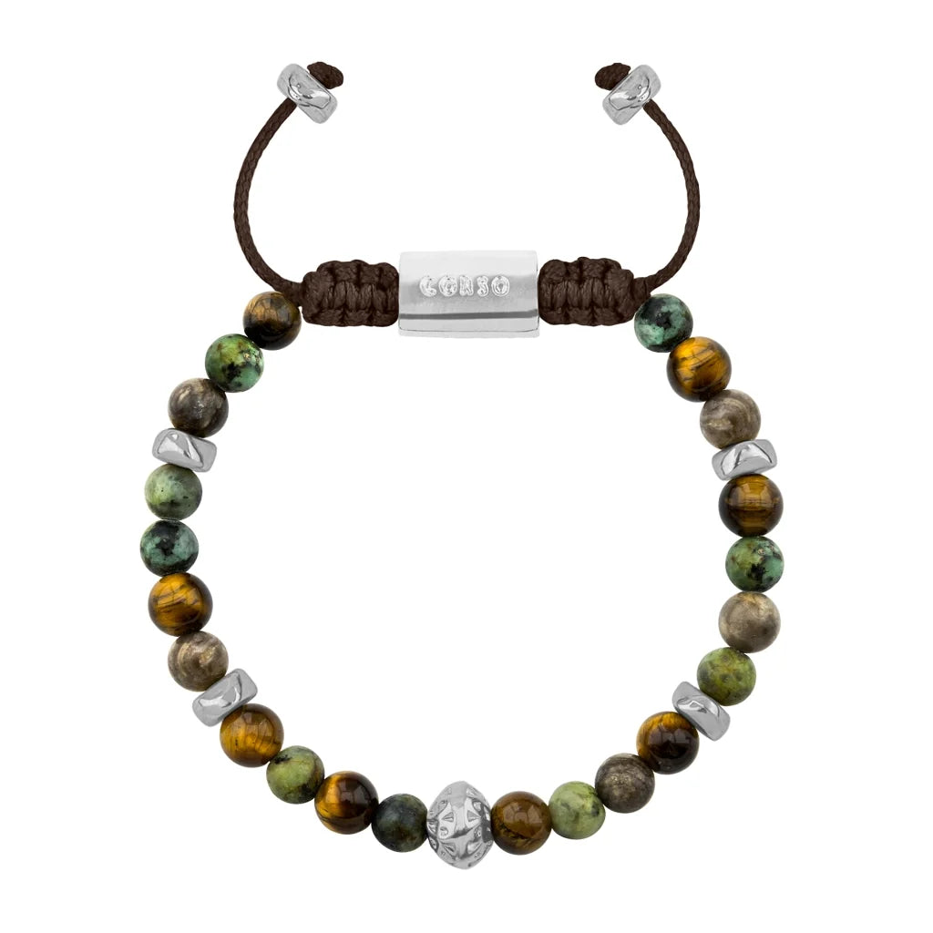 Pulsera Rodio, Cuentas central con mantra, piedras naturales de 6mm - Joyería y bisutería fina