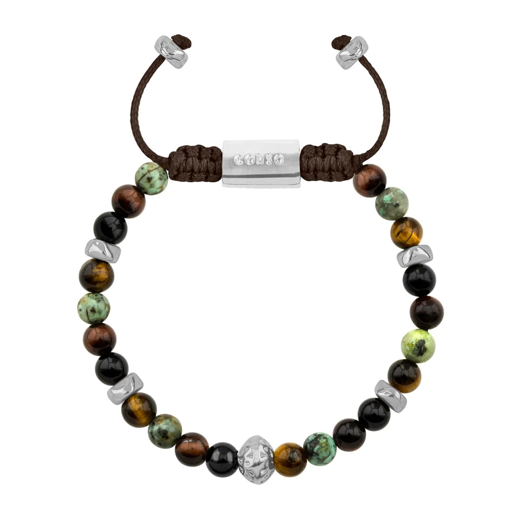 Pulsera Rodio, Cuentas central con mantra, piedras naturales de 6mm - Joyería y bisutería fina