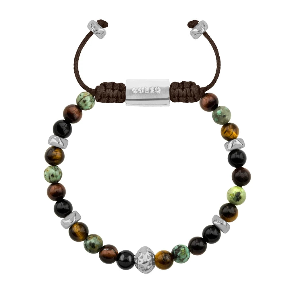 Pulsera Rodio, Cuentas central con mantra, piedras naturales de 6mm - Joyería y bisutería fina