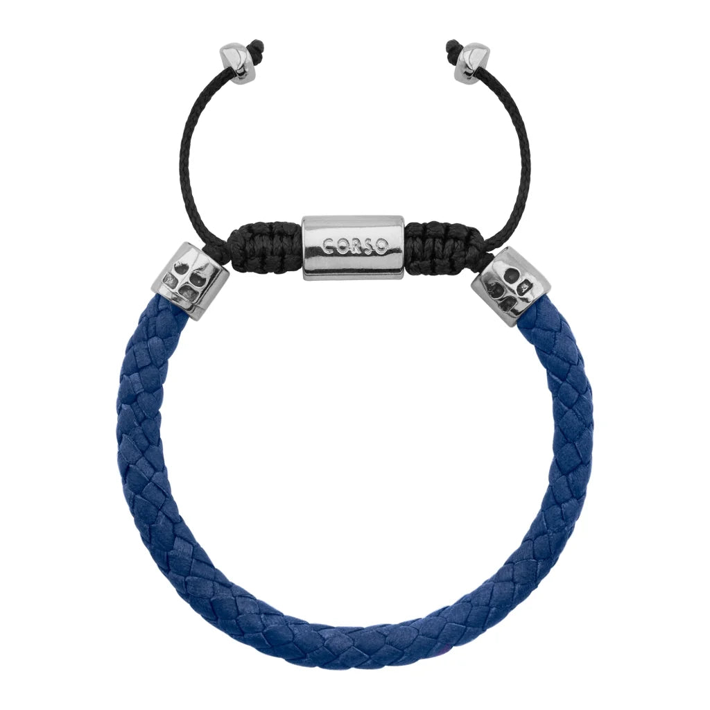 Pulsera de piel natural de borrego trenzada, con detalles en terminado de acero, con placa insignia en baño de rodio - Joyería y bisutería fina