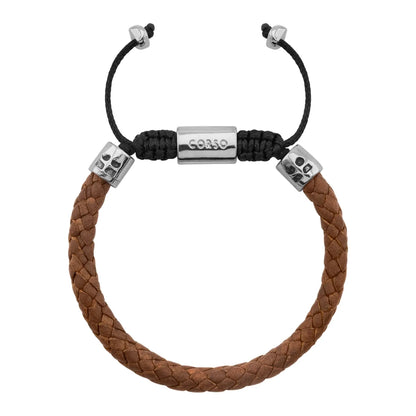 Pulsera de piel natural de borrego trenzada, con detalles en terminado de acero, con placa insignia en baño de rodio - Joyería y bisutería fina