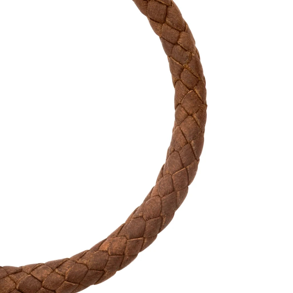 Pulsera de piel natural de borrego trenzada, con detalles en terminado de acero, con placa insignia en baño de rodio - Joyería y bisutería fina