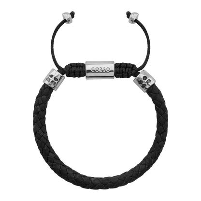 Pulsera de piel natural de borrego trenzada, con detalles en terminado de acero, con placa insignia en baño de rodio - Joyería y bisutería fina