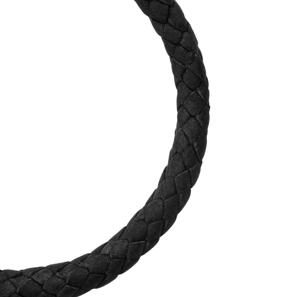 Pulsera de piel natural de borrego trenzada, con detalles en terminado de acero, con placa insignia en baño de rodio - Joyería y bisutería fina
