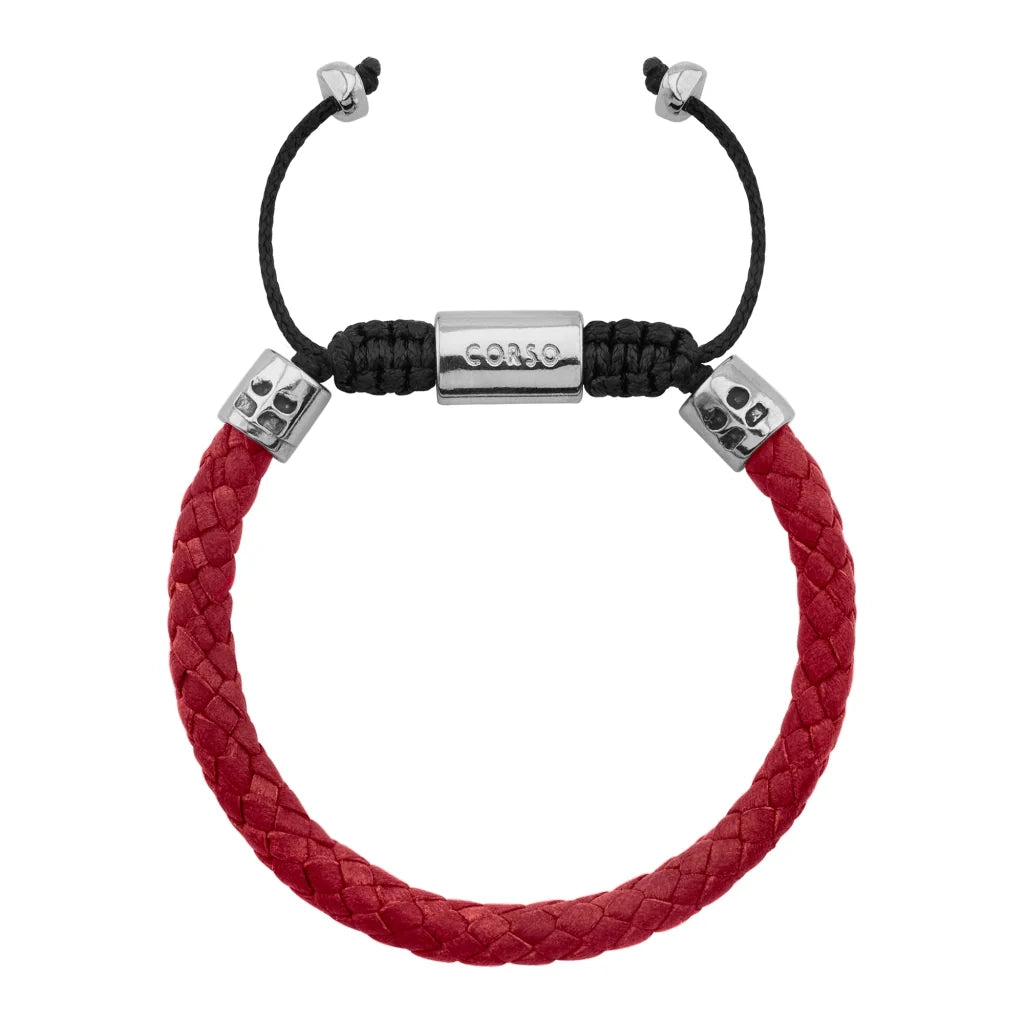 Pulsera de piel natural de borrego trenzada, con detalles en terminado de acero, con placa insignia en baño de rodio - Joyería y bisutería fina