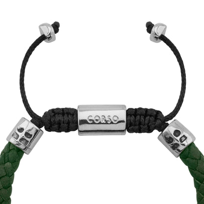 Pulsera de piel natural de borrego trenzada, con detalles en terminado de acero, con placa insignia en baño de rodio - Joyería y bisutería fina