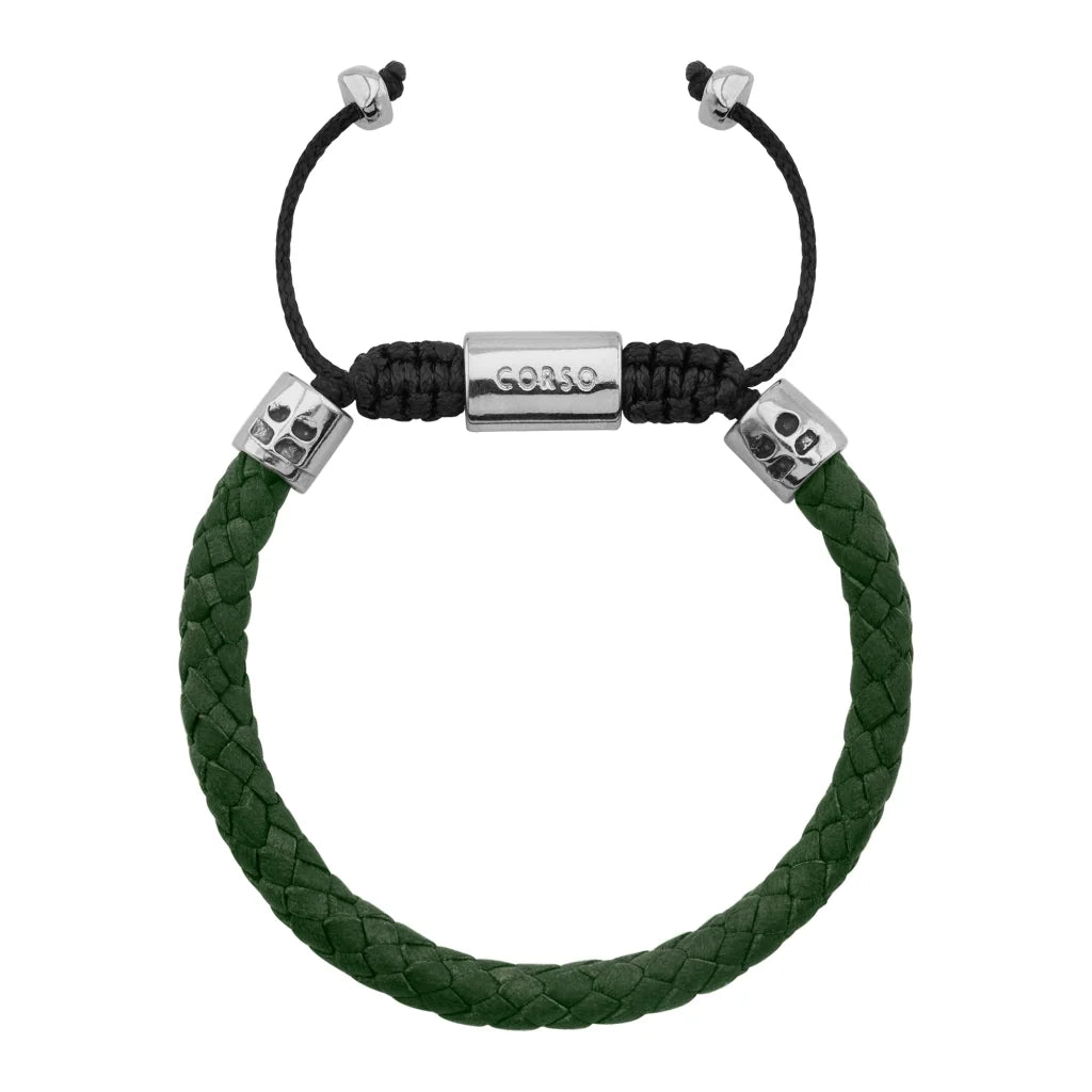 Pulsera de piel natural de borrego trenzada, con detalles en terminado de acero, con placa insignia en baño de rodio - Joyería y bisutería fina