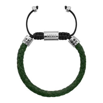 Pulsera de piel natural de borrego trenzada, con detalles en terminado de acero, con placa insignia en baño de rodio - Joyería y bisutería fina