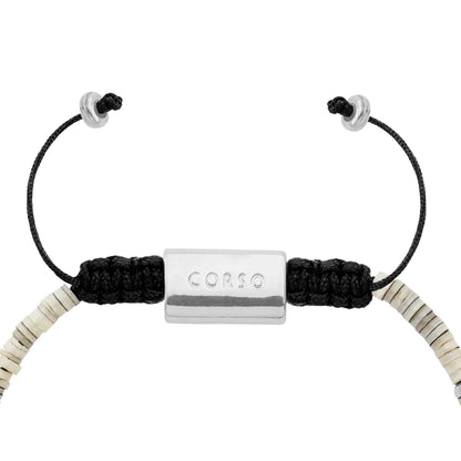 Pulsera ajustable con placa insignia corso y donas en baño de rodio, con conchas filipinas de 3mm - Joyería y bisutería fina