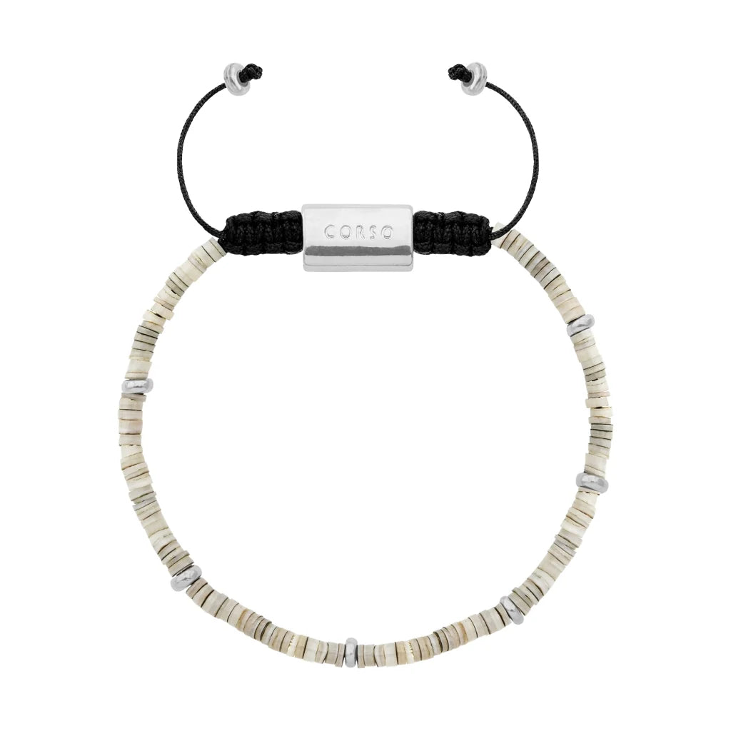 Pulsera ajustable con placa insignia corso y donas en baño de rodio, con conchas filipinas de 3mm - Joyería y bisutería fina