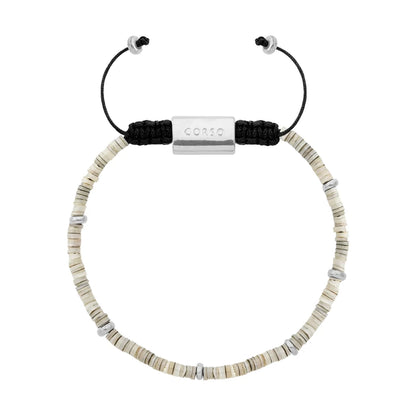 Pulsera ajustable con placa insignia corso y donas en baño de rodio, con conchas filipinas de 3mm - Joyería y bisutería fina