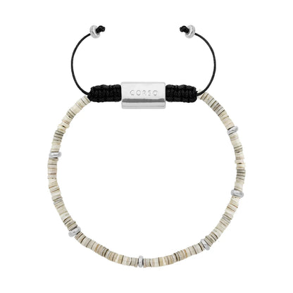 Pulsera ajustable con placa insignia corso y donas en baño de rodio, con conchas filipinas de 3mm - Joyería y bisutería fina