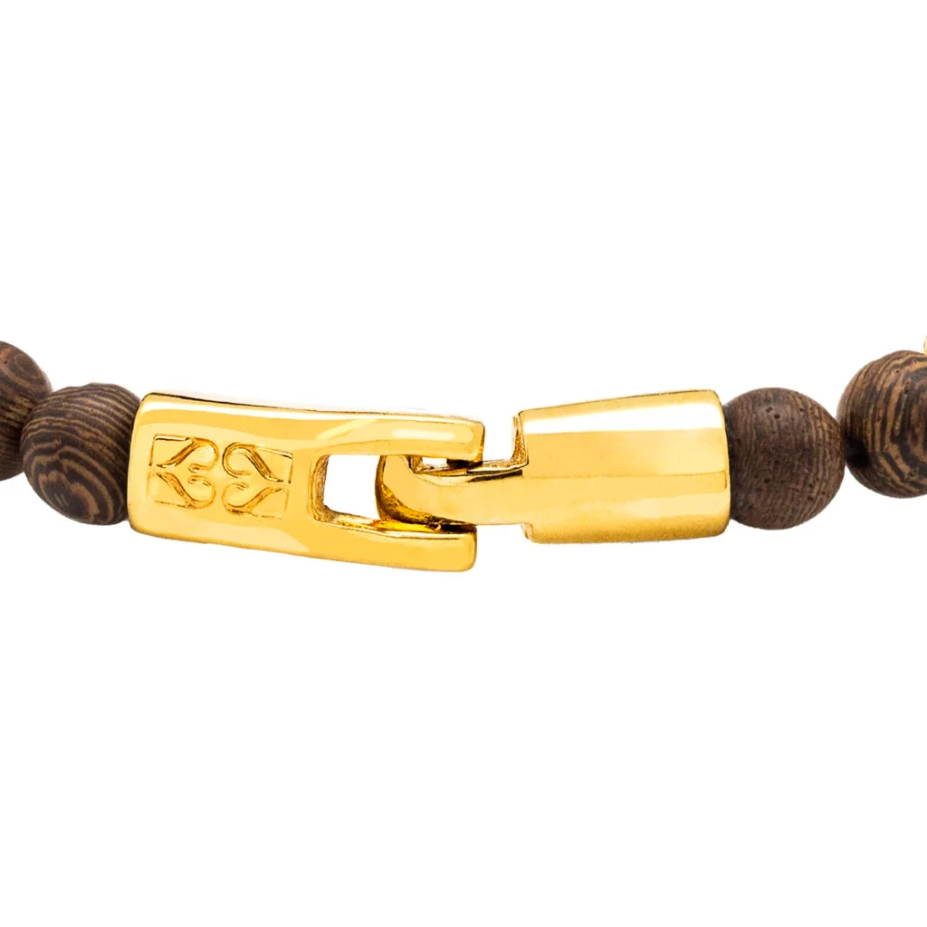Pulsera con cuentas de madera de ébano de Nepal 6mm, con broche y cuentas volcánicas 6mm en baño de oro 22K - Joyería y bisutería fina