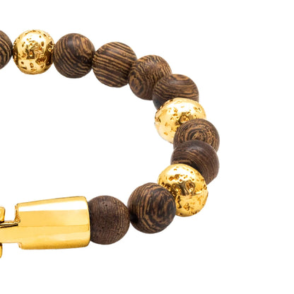 Pulsera con cuentas de madera de ébano de Nepal 6mm, con broche y cuentas volcánicas 6mm en baño de oro 22K - Joyería y bisutería fina