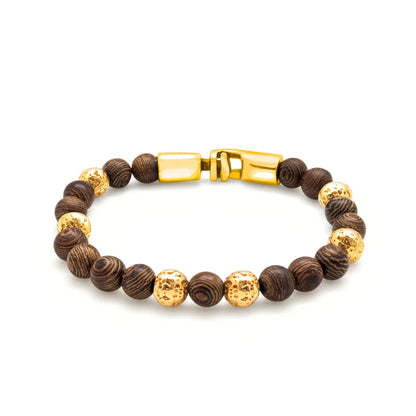 Pulsera con cuentas de madera de ébano de Nepal 6mm, con broche y cuentas volcánicas 6mm en baño de oro 22K - Joyería y bisutería fina