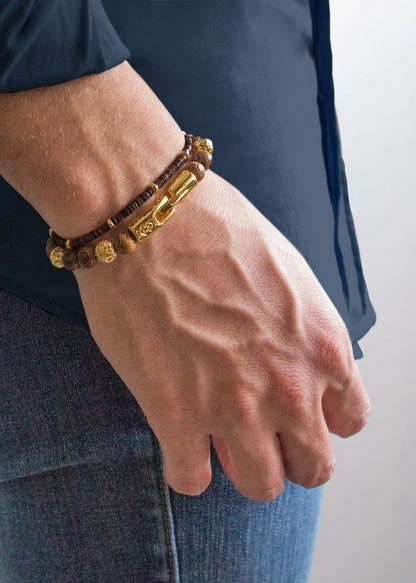 Pulsera con cuentas de madera de ébano de Nepal 6mm, con broche y cuentas volcánicas 6mm en baño de oro 22K - Joyería y bisutería fina