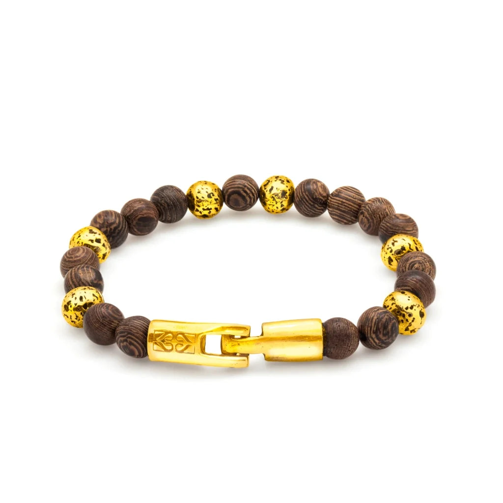 Pulsera con cuentas de madera de ébano de Nepal 6mm, con broche y cuentas volcánicas 6mm en baño de oro 22K - Joyería y bisutería fina