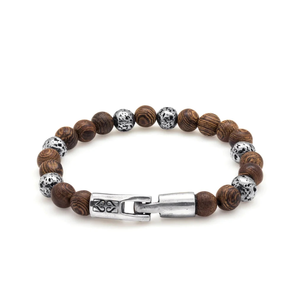 Pulsera con cuentas de madera de ébano de Nepal 6mm, con broche y cuentas volcánicas 6mm en terminado de acero - Joyería y bisutería fina