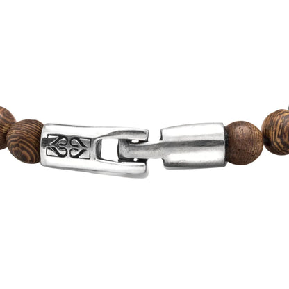 Pulsera con cuentas de madera de ébano de Nepal 6mm, con broche y cuentas volcánicas 6mm en terminado de acero - Joyería y bisutería fina