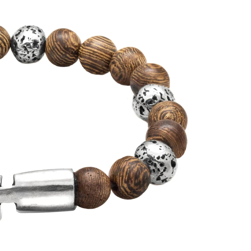 Pulsera con cuentas de madera de ébano de Nepal 6mm, con broche y cuentas volcánicas 6mm en terminado de acero - Joyería y bisutería fina