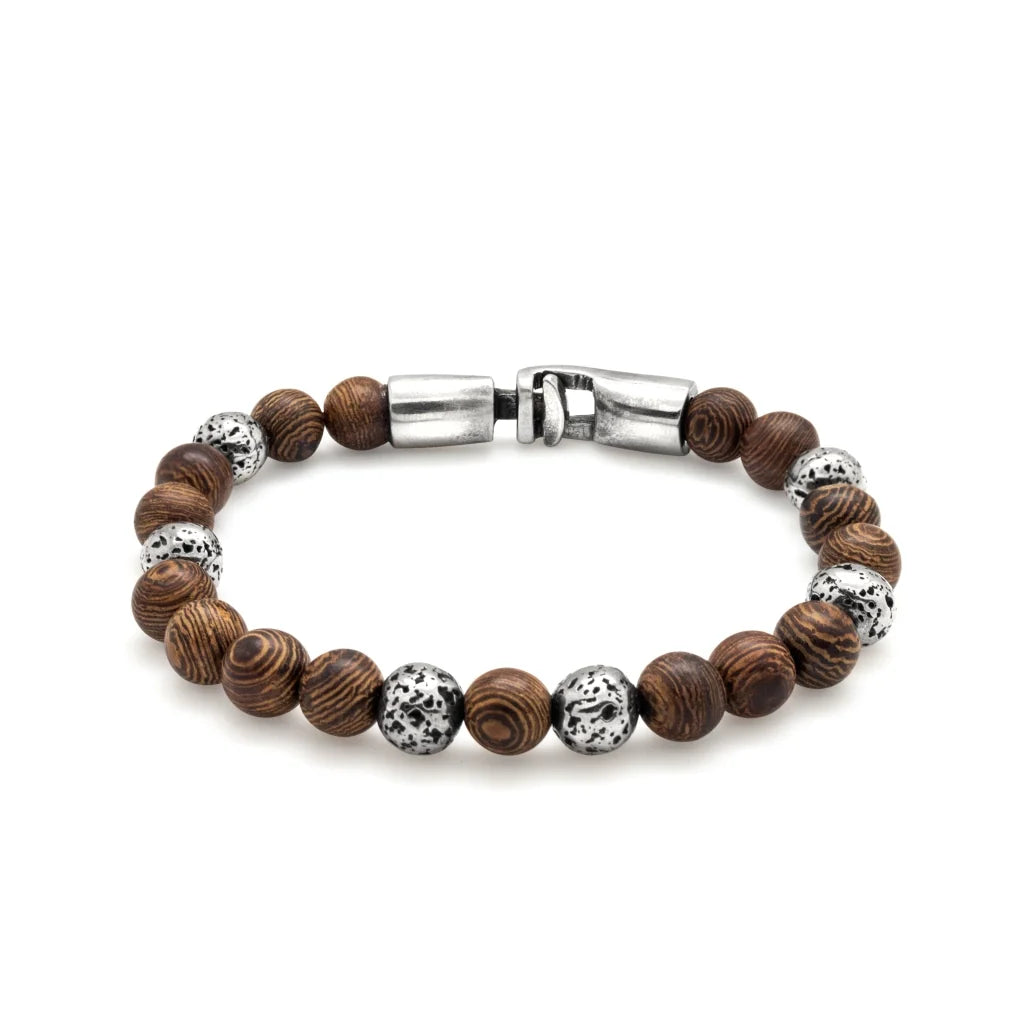 Pulsera con cuentas de madera de ébano de Nepal 6mm, con broche y cuentas volcánicas 6mm en terminado de acero - Joyería y bisutería fina