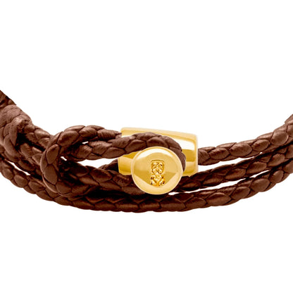 Pulsera de piel natural de borrego con trenza de cuatro hilos, con broche en baño de oro de 22K - Joyería y bisutería fina