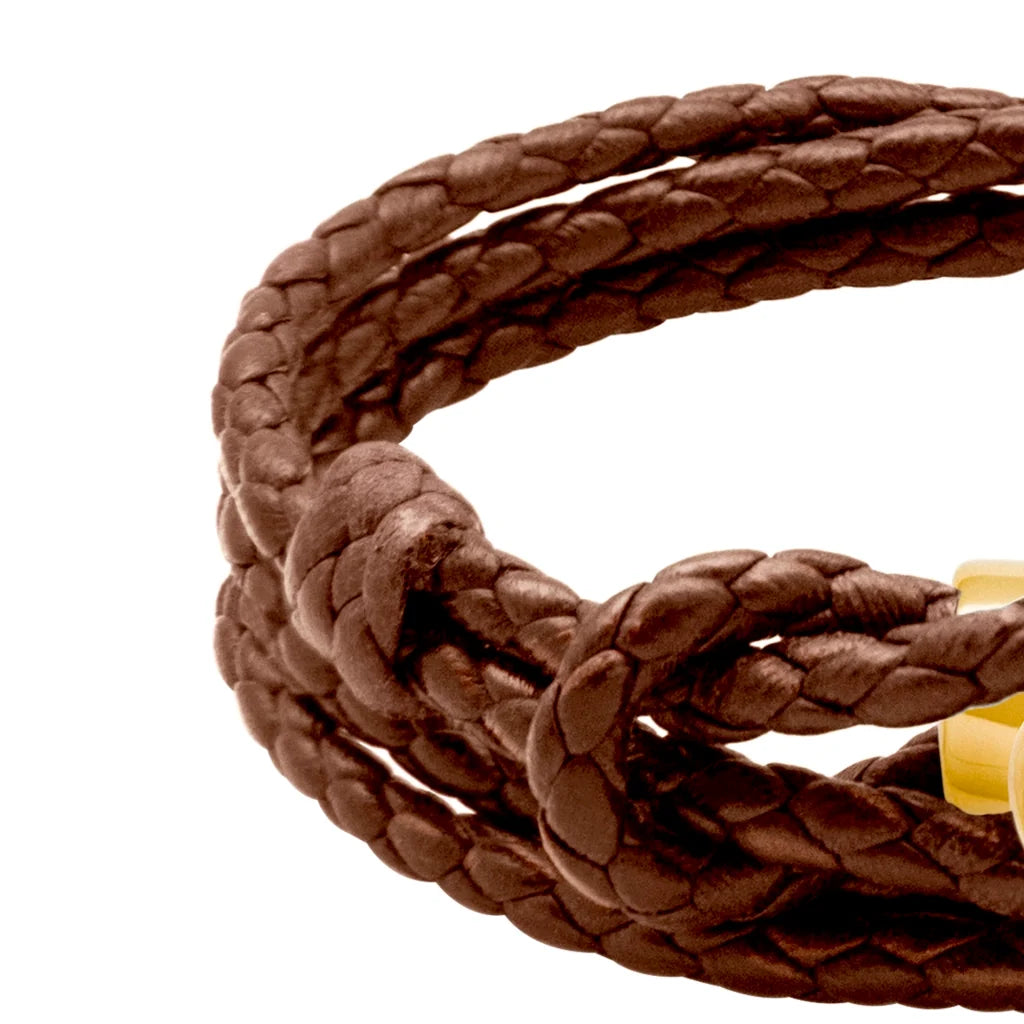 Pulsera de piel natural de borrego con trenza de cuatro hilos, con broche en baño de oro de 22K - Joyería y bisutería fina