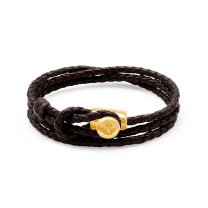 Pulsera de piel natural de borrego con trenza de cuatro hilos, con broche en baño de oro de 22K - Joyería y bisutería fina