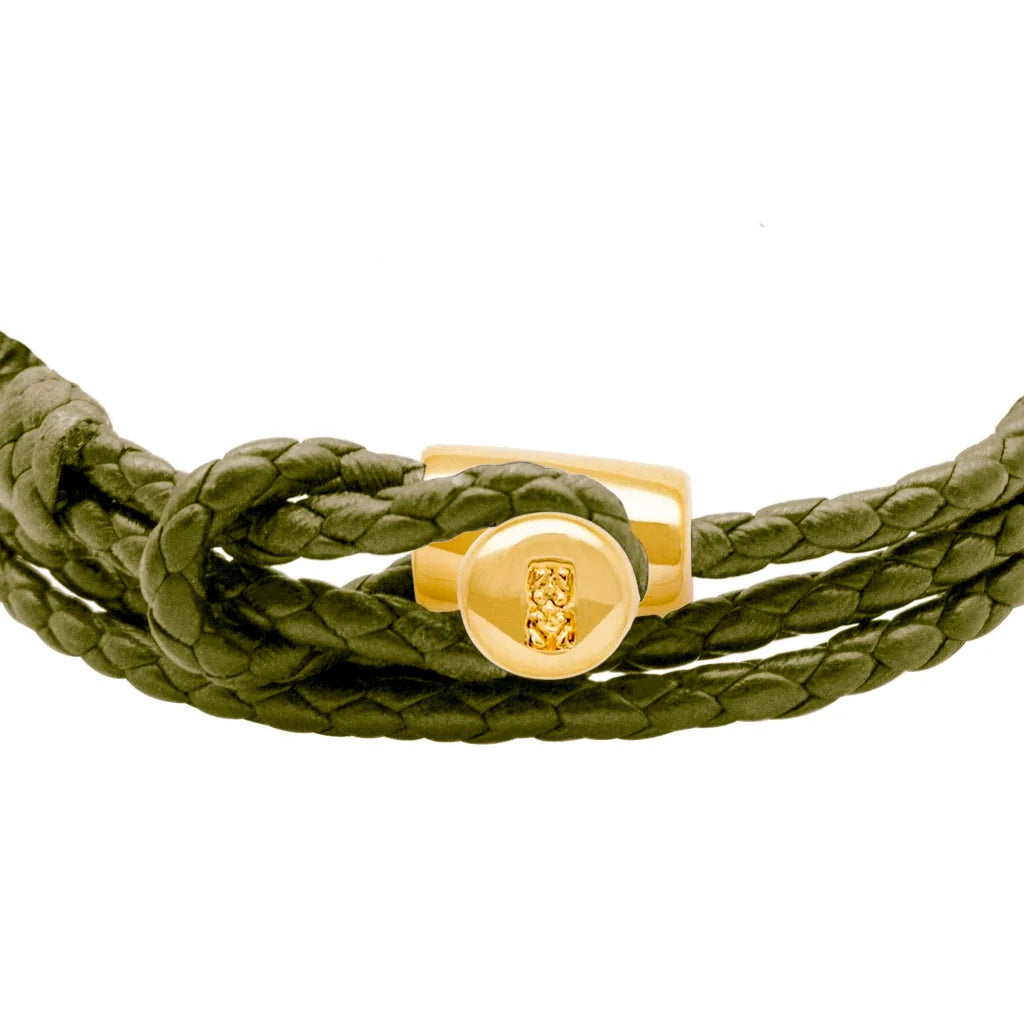Pulsera de piel natural de borrego con trenza de cuatro hilos, con broche en baño de oro de 22K - Joyería y bisutería fina