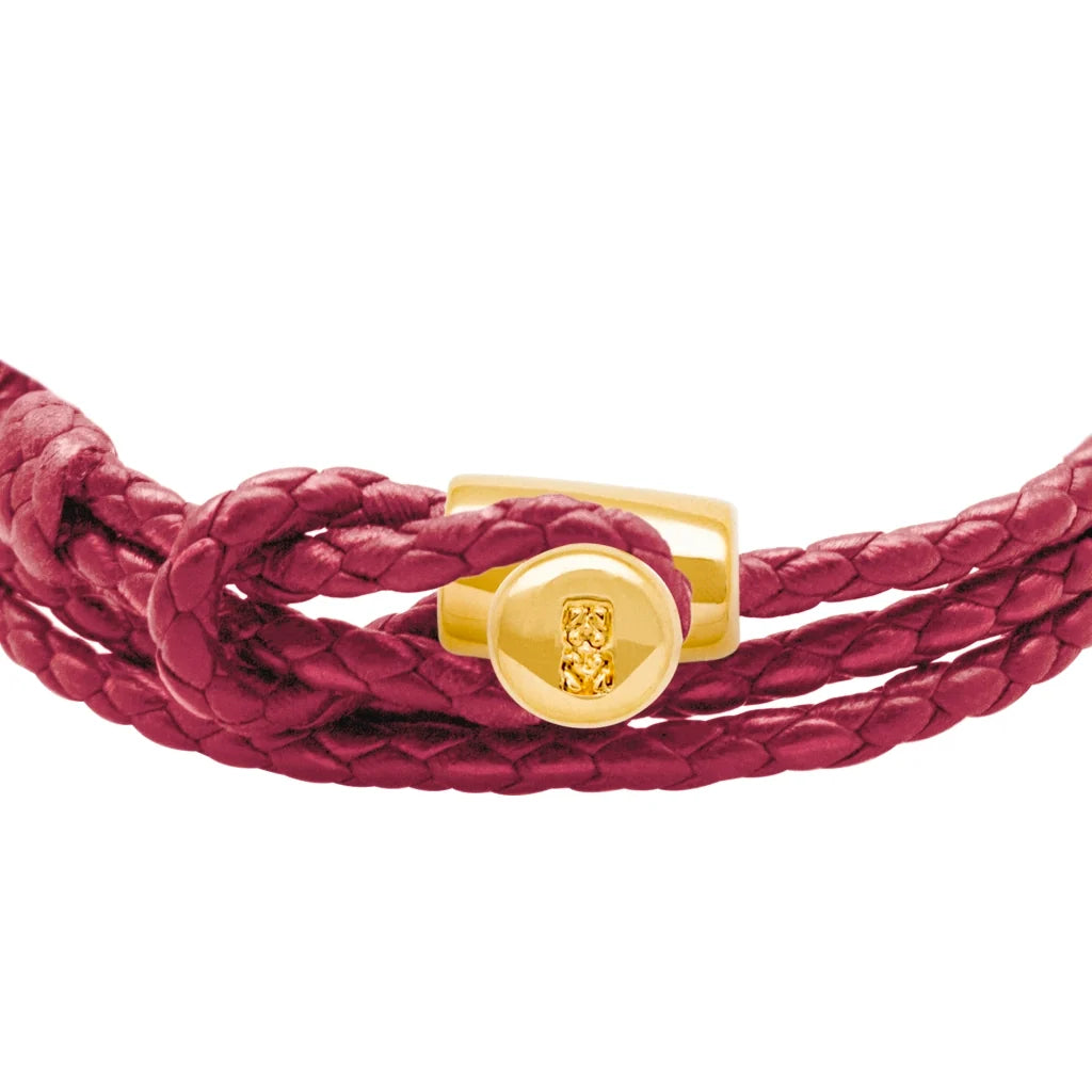 Pulsera de piel natural de borrego con trenza de cuatro hilos, con broche en baño de oro de 22K - Joyería y bisutería fina