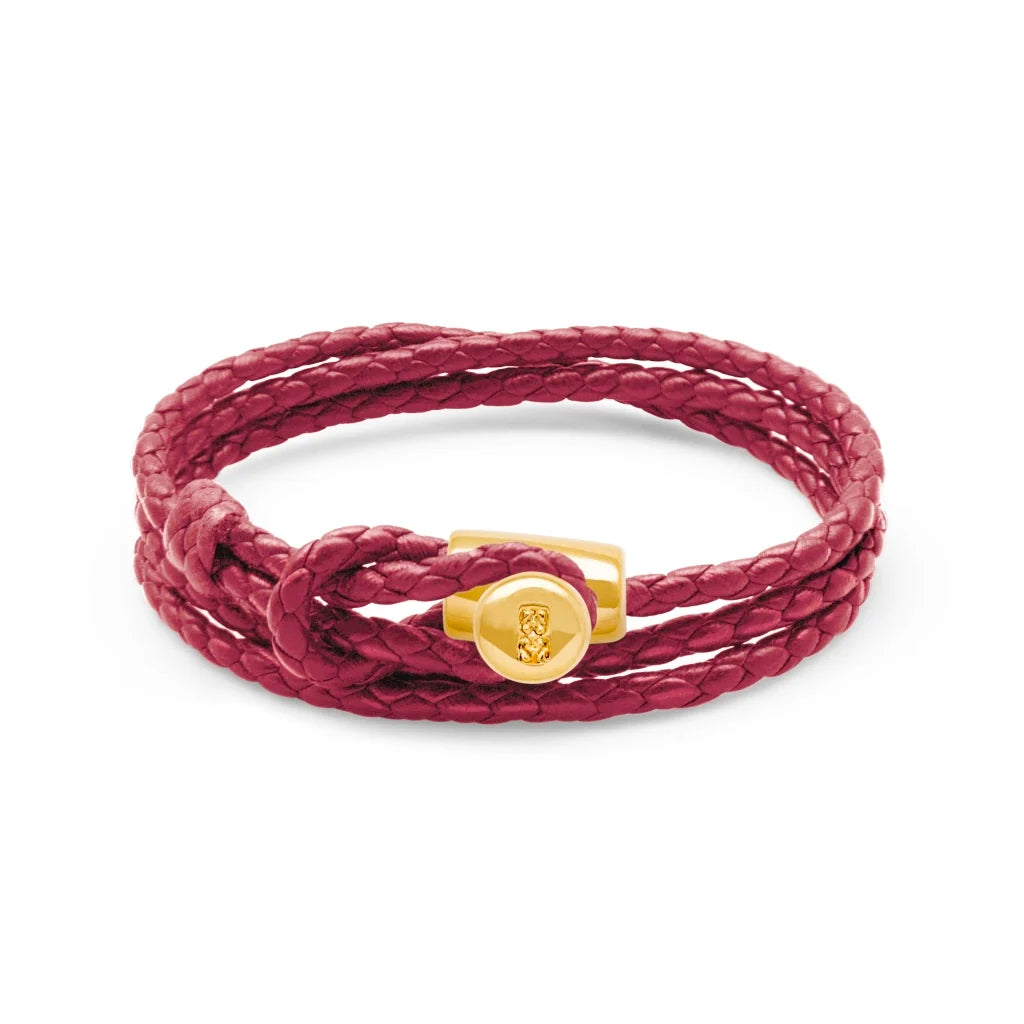 Pulsera de piel natural de borrego con trenza de cuatro hilos, con broche en baño de oro de 22K - Joyería y bisutería fina