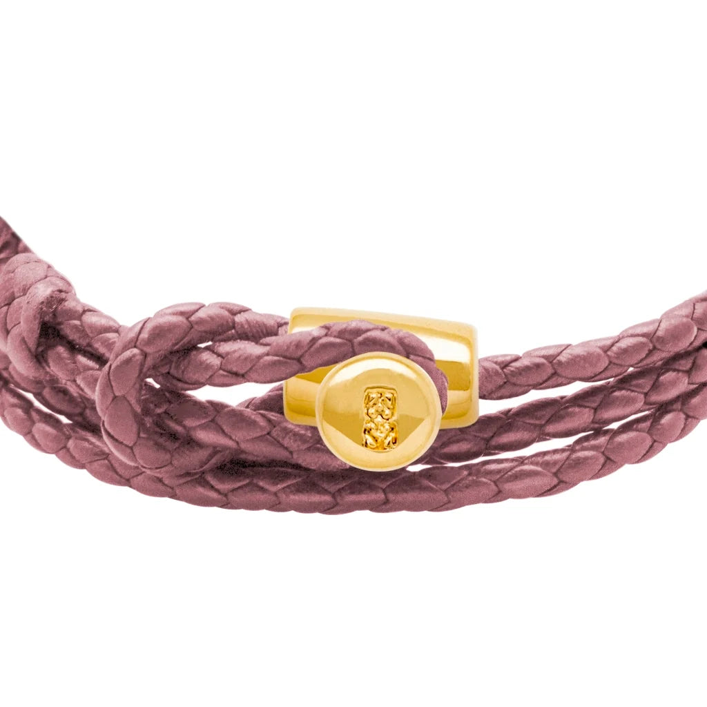 Pulsera de piel natural de borrego con trenza de cuatro hilos, con broche en baño de oro de 22K - Joyería y bisutería fina