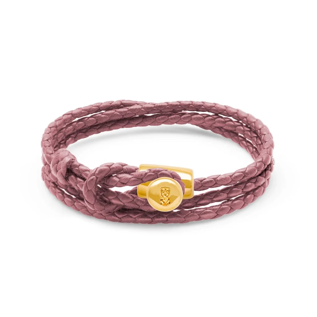 Pulsera de piel natural de borrego con trenza de cuatro hilos, con broche en baño de oro de 22K - Joyería y bisutería fina