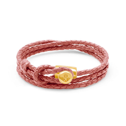 Pulsera de piel natural de borrego con trenza de cuatro hilos, con broche en baño de oro de 22K - Joyería y bisutería fina