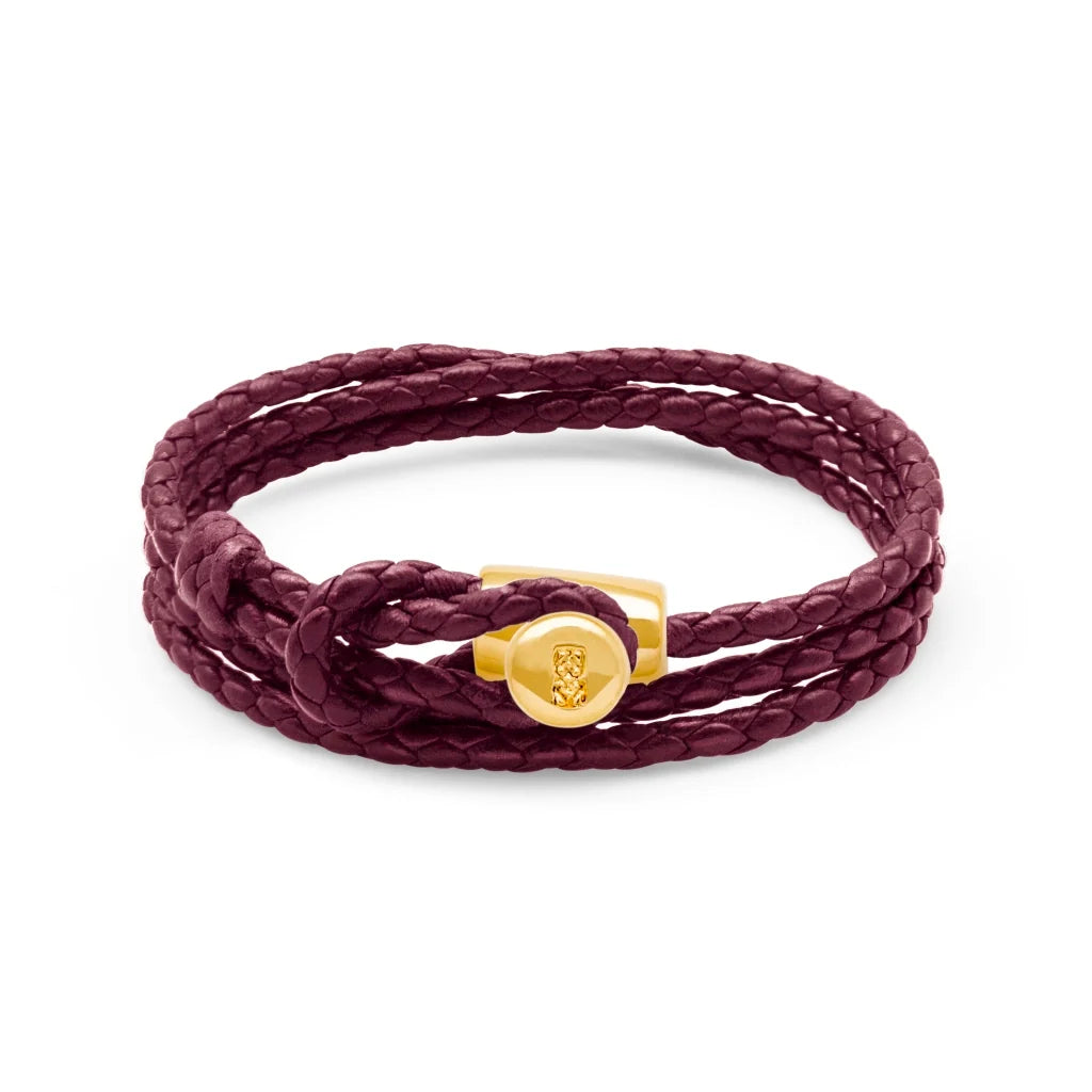 Pulsera de piel natural de borrego con trenza de cuatro hilos, con broche en baño de oro de 22K - Joyería y bisutería fina