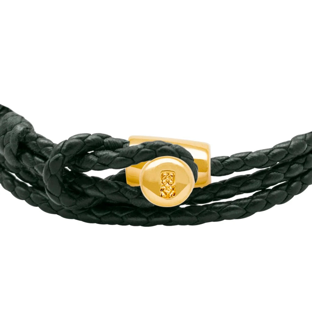 Pulsera de piel natural de borrego con trenza de cuatro hilos, con broche en baño de oro de 22K - Joyería y bisutería fina