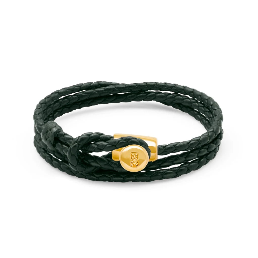 Pulsera de piel natural de borrego con trenza de cuatro hilos, con broche en baño de oro de 22K - Joyería y bisutería fina