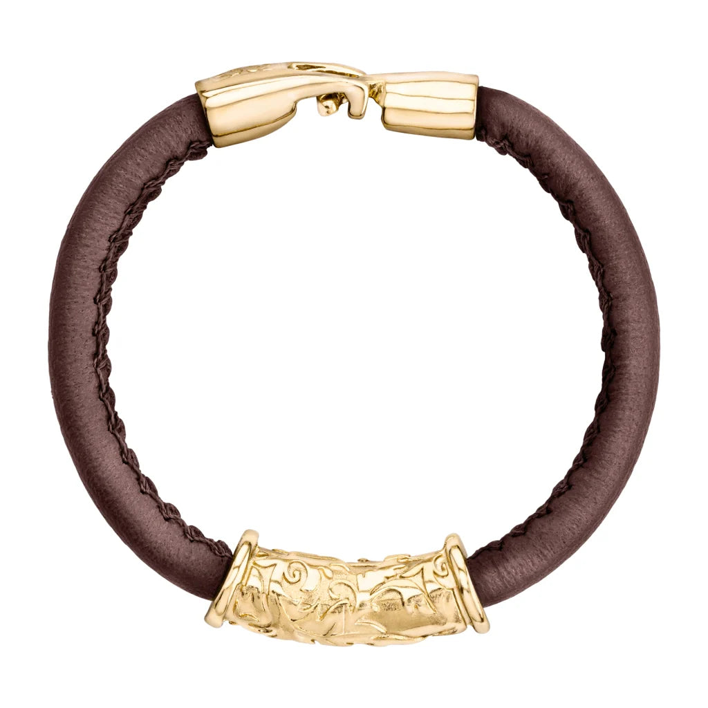 Pulsera Baño de Oro 22K, piel natural nappa, diseño hojas de laurel