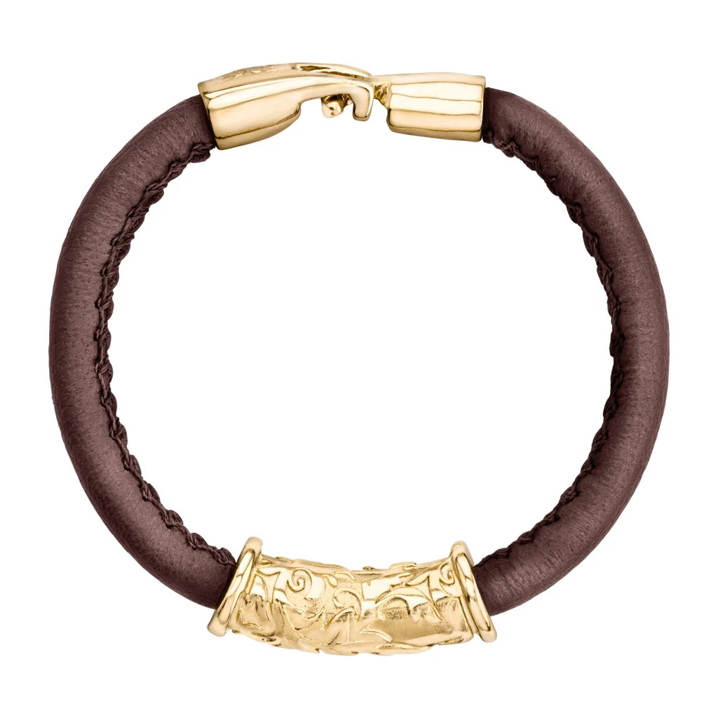 Pulsera Baño de Oro 22K, piel natural nappa, diseño hojas de laurel