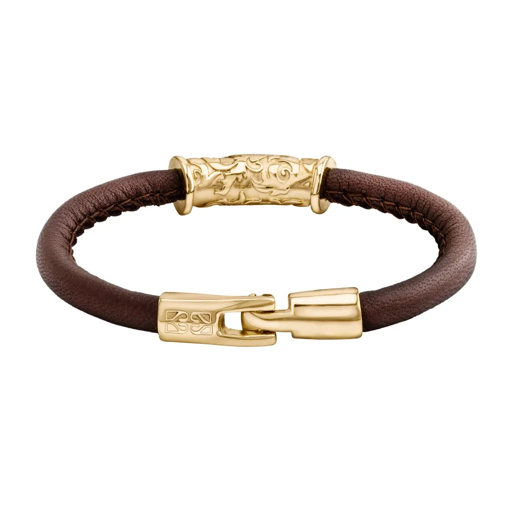 Pulsera Baño de Oro 22K, piel natural nappa, diseño hojas de laurel