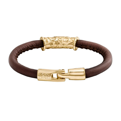 Pulsera Baño de Oro 22K, piel natural nappa, diseño hojas de laurel