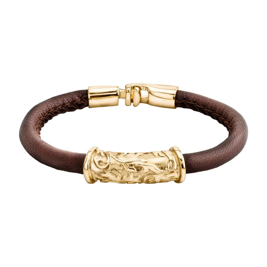 Pulsera Baño de Oro 22K, piel natural nappa, diseño hojas de laurel