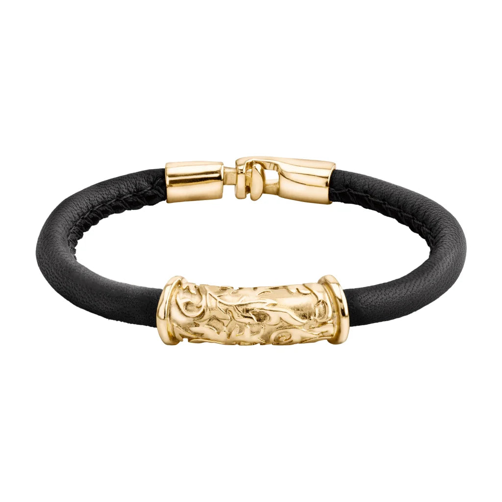 Pulsera Baño de Oro 22K, piel natural nappa, diseño hojas de laurel
