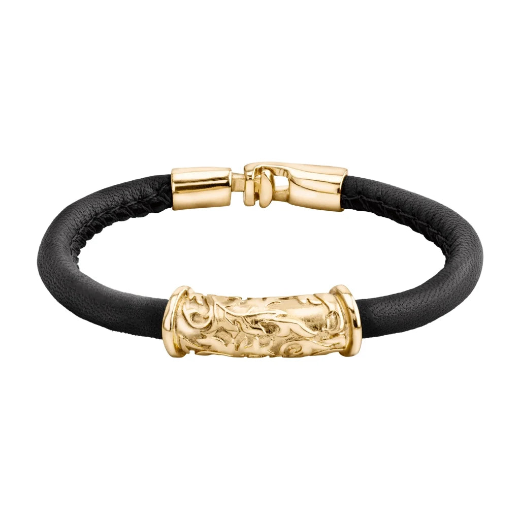 Pulsera Baño de Oro 22K, piel natural nappa, diseño hojas de laurel