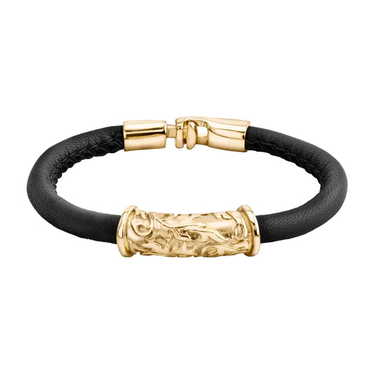 Pulsera Baño de Oro 22K, piel natural nappa, diseño hojas de laurel