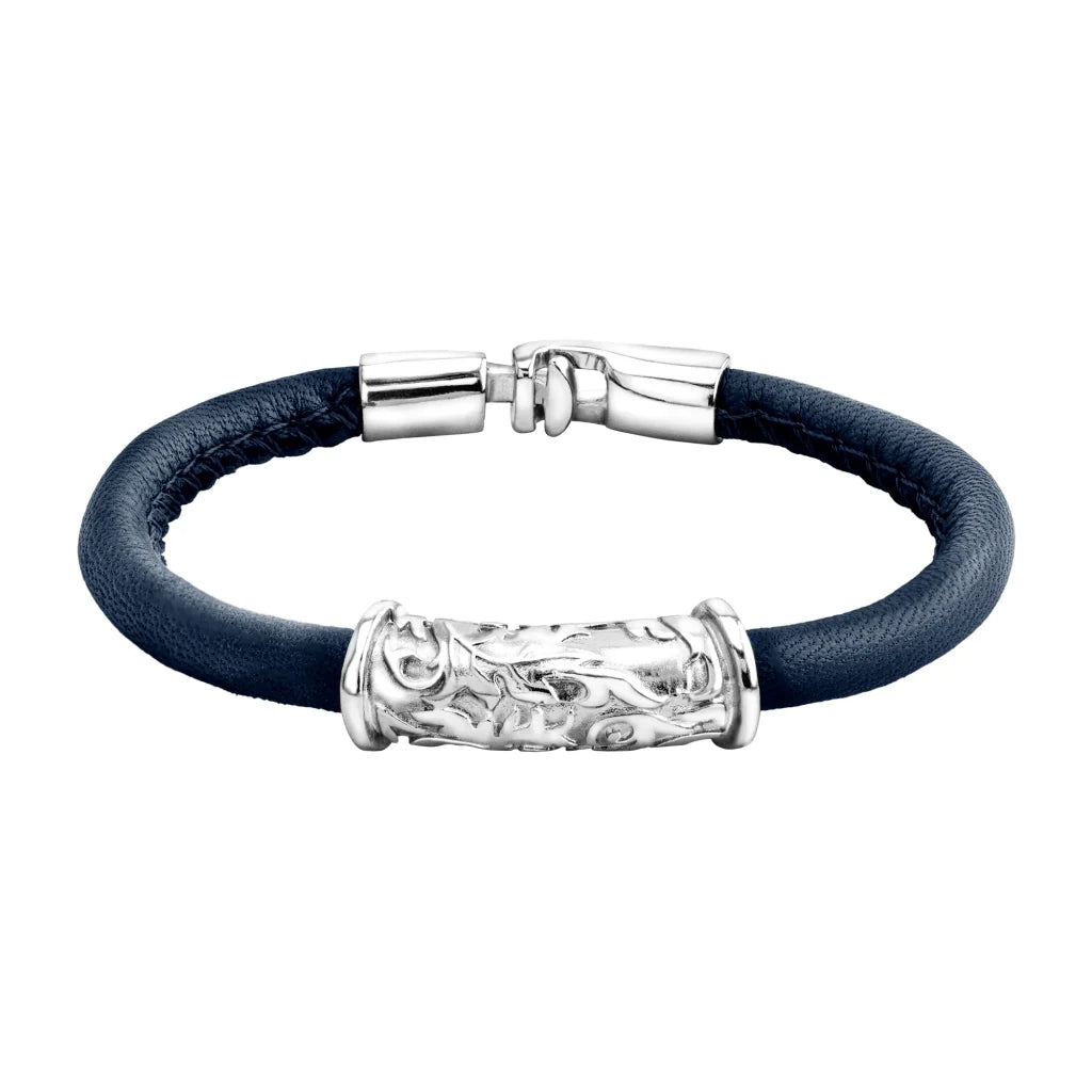 Pulsera Baño de rodio, piel natural nappa, diseño hojas de laurel