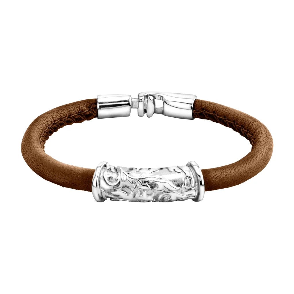 Pulsera Baño de rodio, piel natural nappa, diseño hojas de laurel