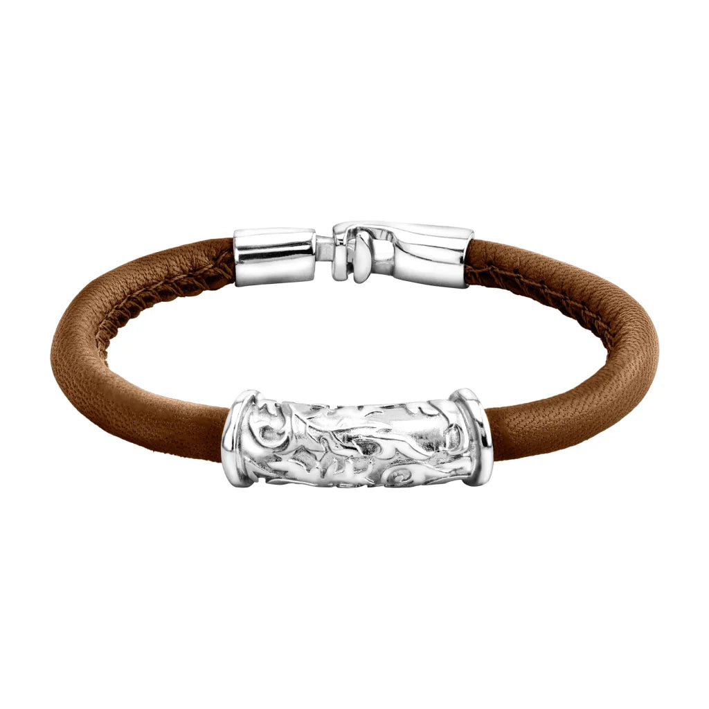 Pulsera Baño de rodio, piel natural nappa, diseño hojas de laurel