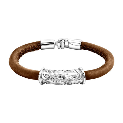 Pulsera Baño de rodio, piel natural nappa, diseño hojas de laurel