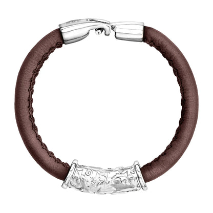 Pulsera Baño de rodio, piel natural nappa, diseño hojas de laurel